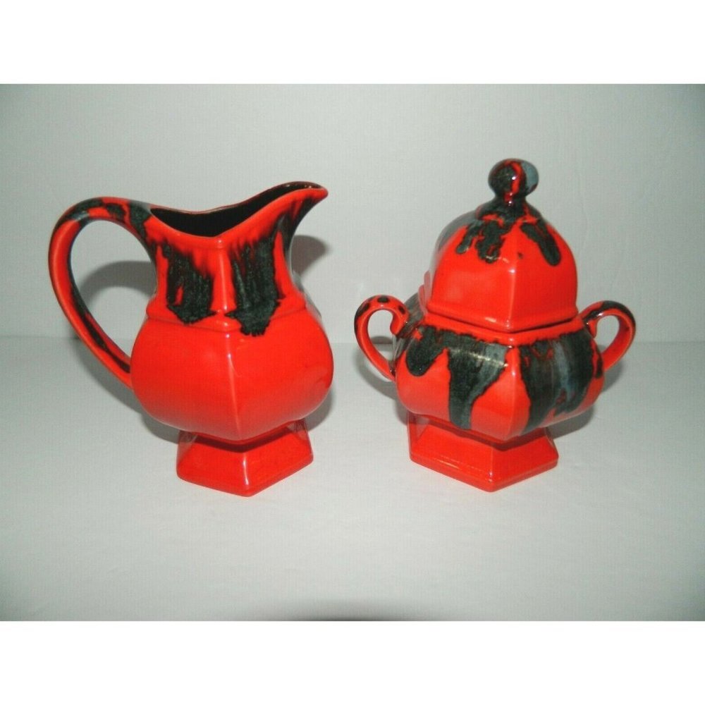 Vintage Willowtree Ceramics Red Sugar Bowl Creamer Studio Pottery 1977 Canada